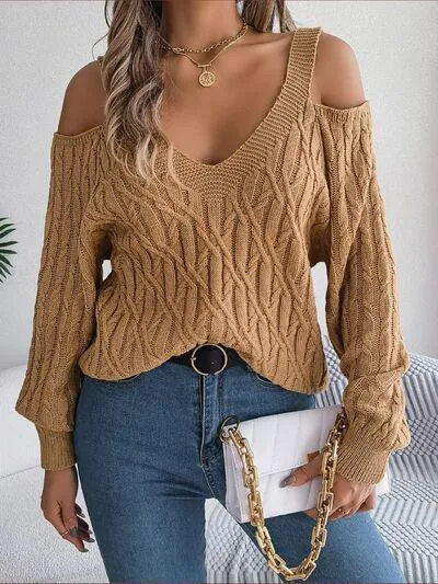 Femininely Comfy Cold Shoulder Cable Knit Sweater