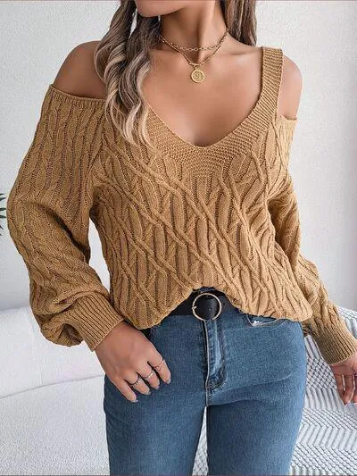Femininely Comfy Cold Shoulder Cable Knit Sweater