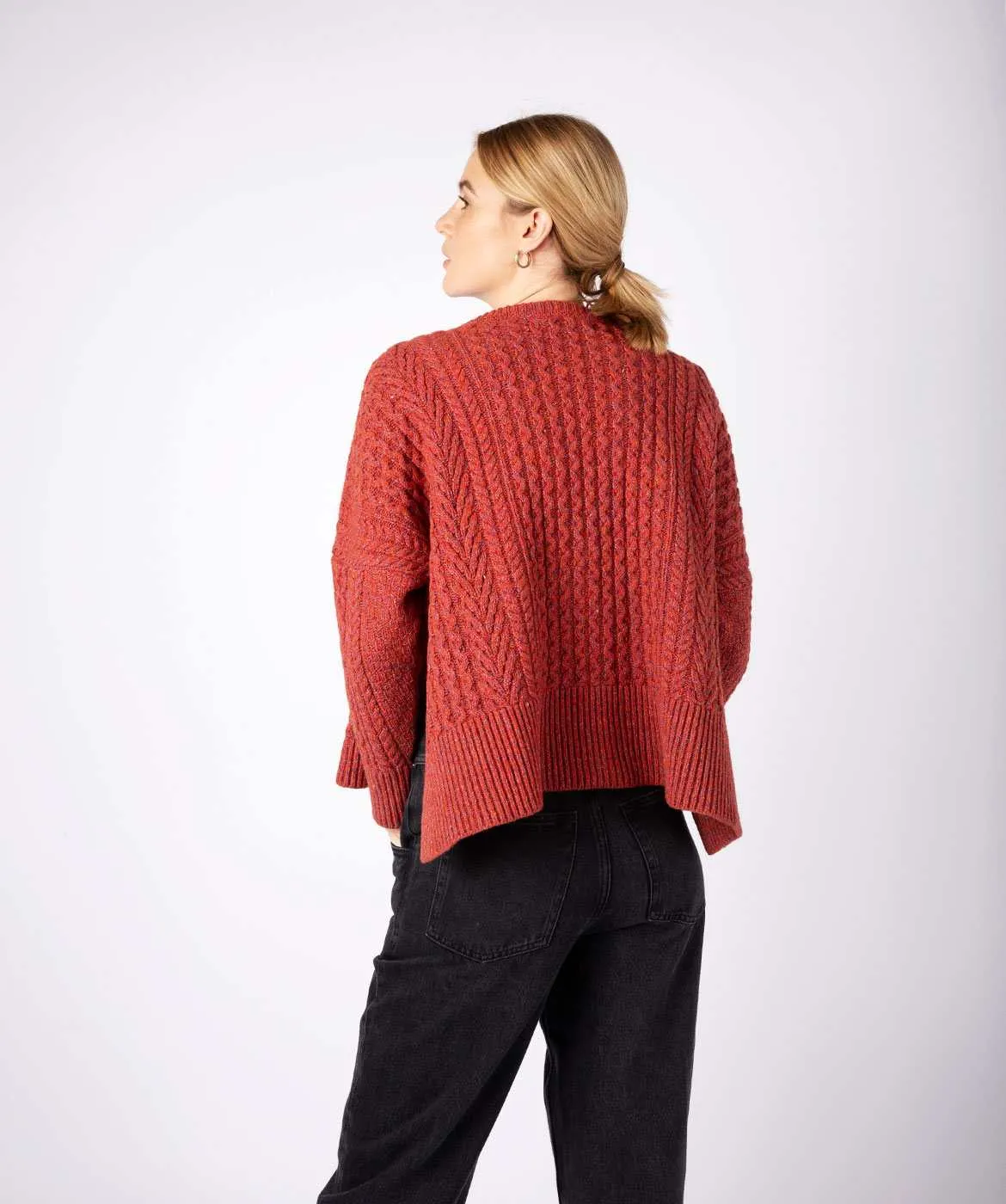 Fisherman Aran Cable Knit Cropped Sweater with Slits