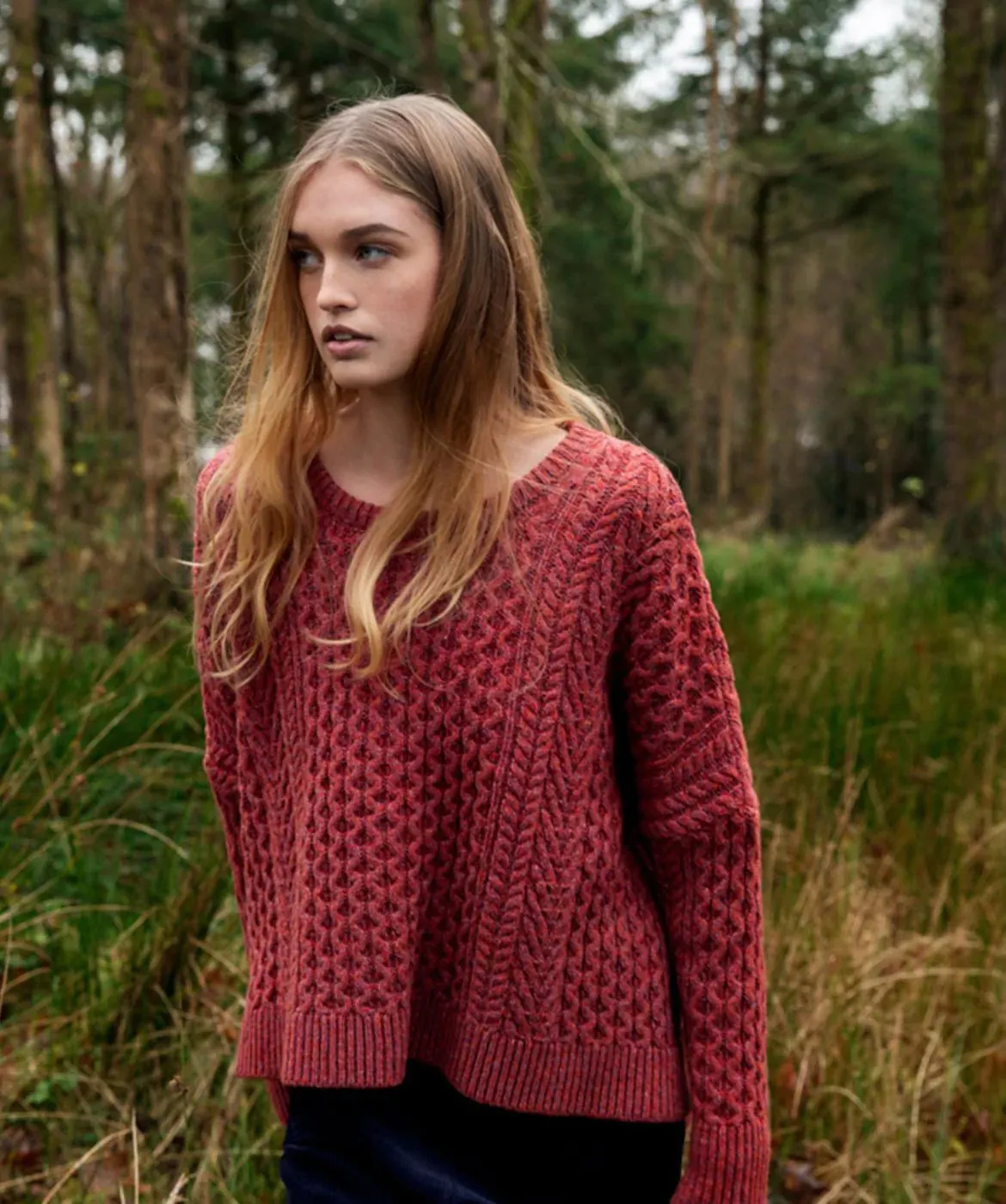 Fisherman Aran Cable Knit Cropped Sweater with Slits