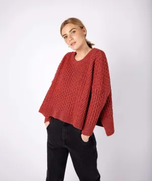 Fisherman Aran Cable Knit Cropped Sweater with Slits