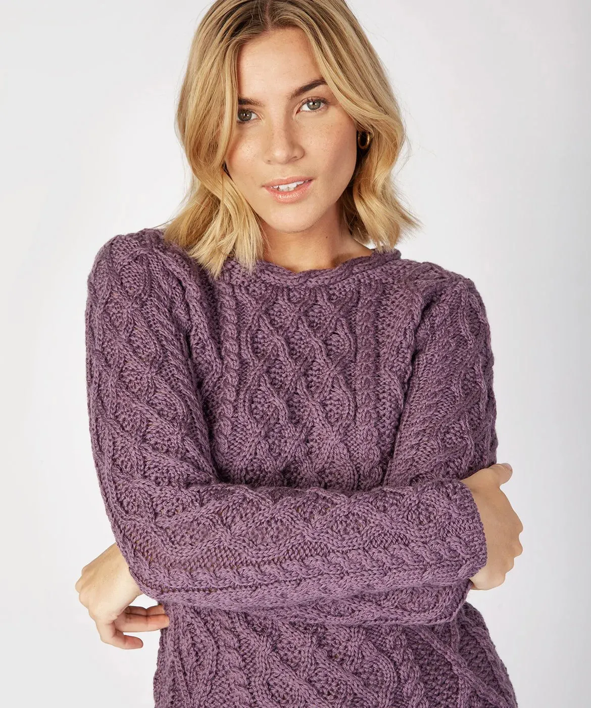 Fisherman Ladies Fitted Aran Crew Purple
