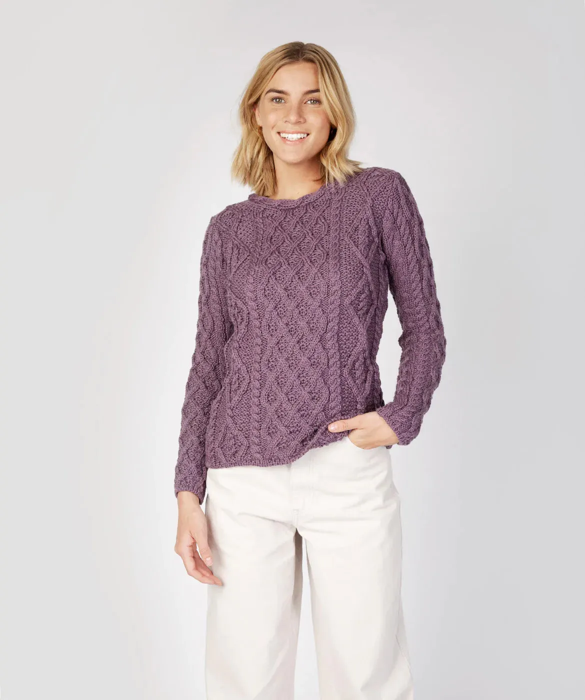 Fisherman Ladies Fitted Aran Crew Purple