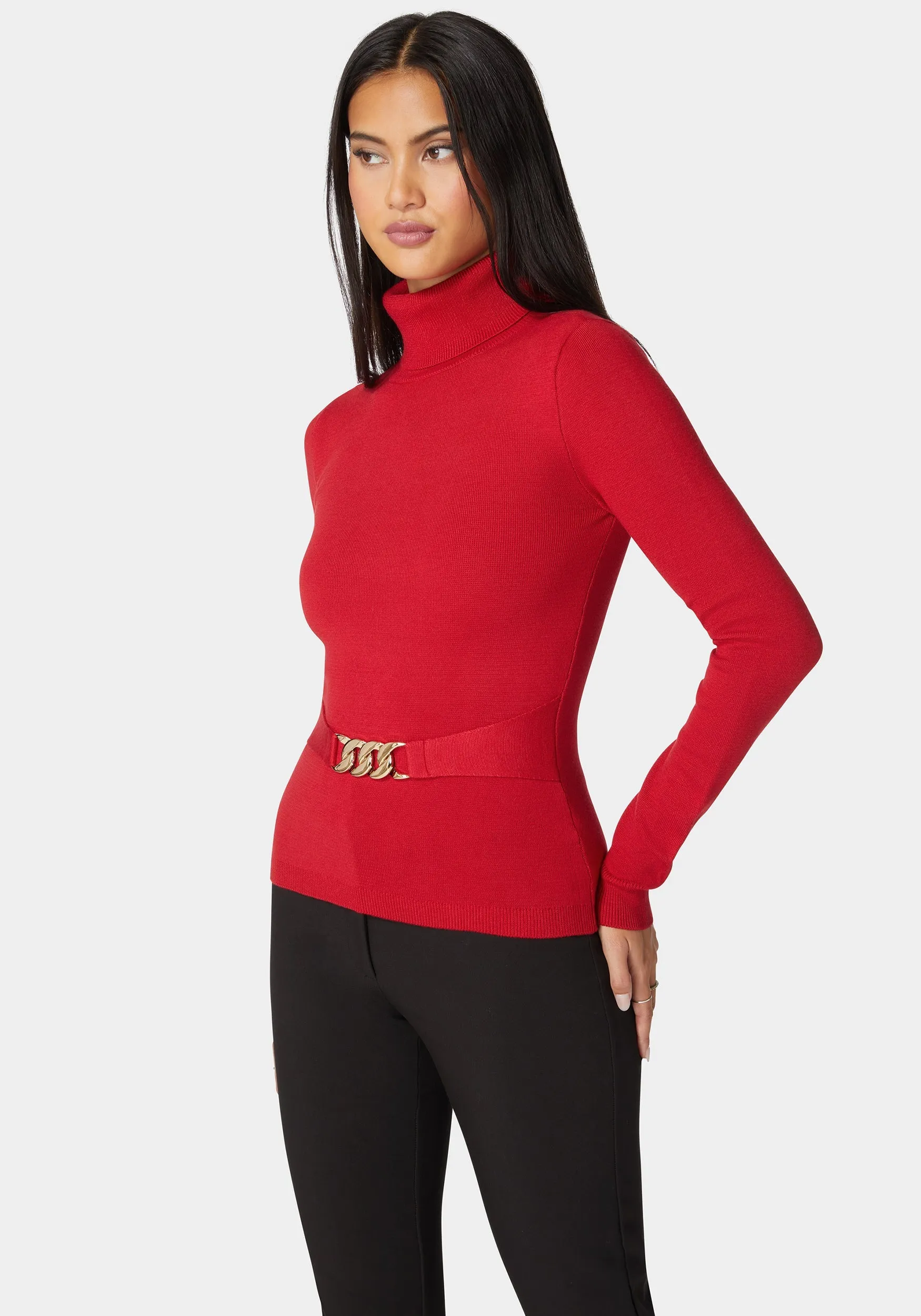 Fitted Turtle Neck Ornate Belt Sweater