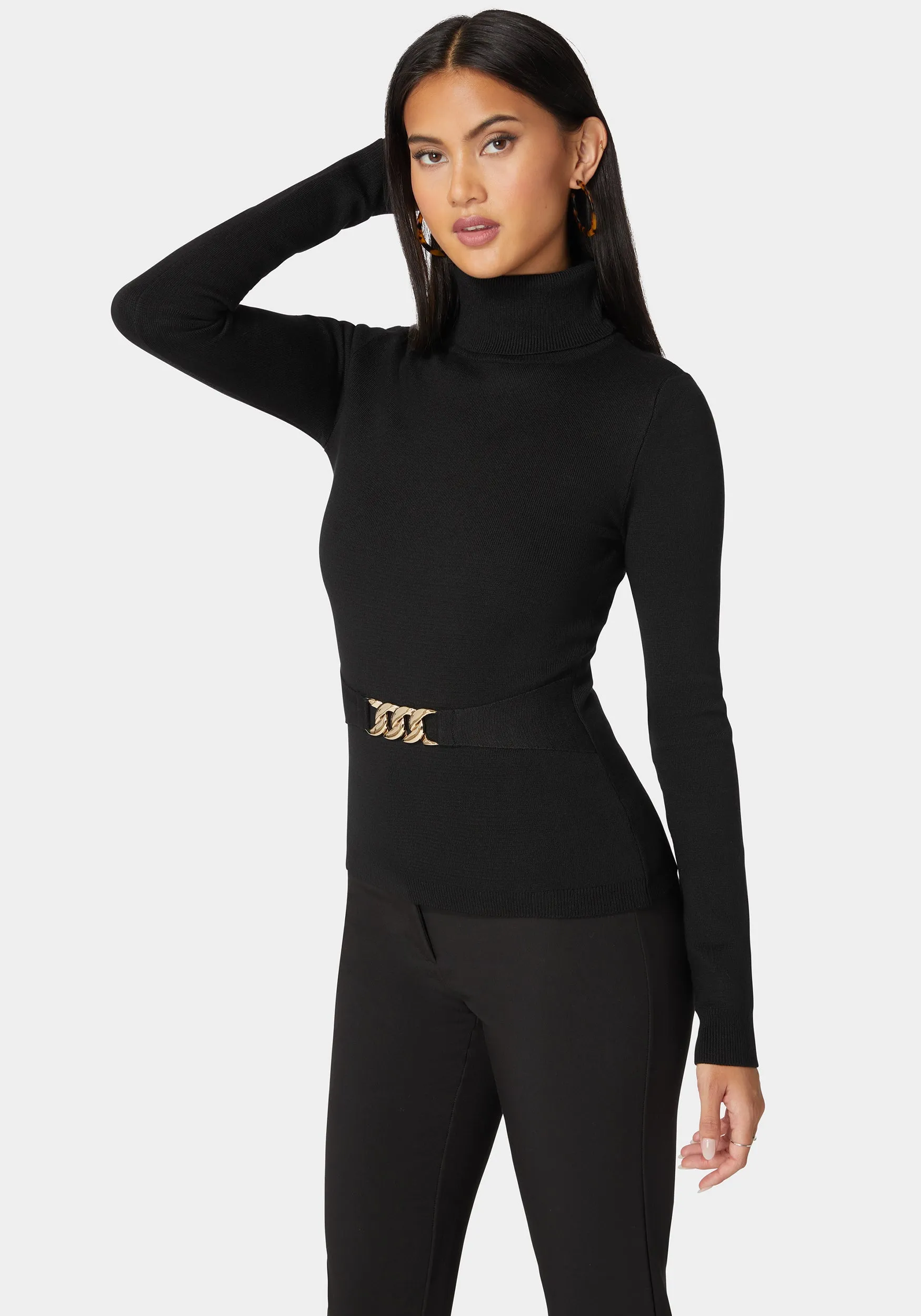 Fitted Turtle Neck Ornate Belt Sweater