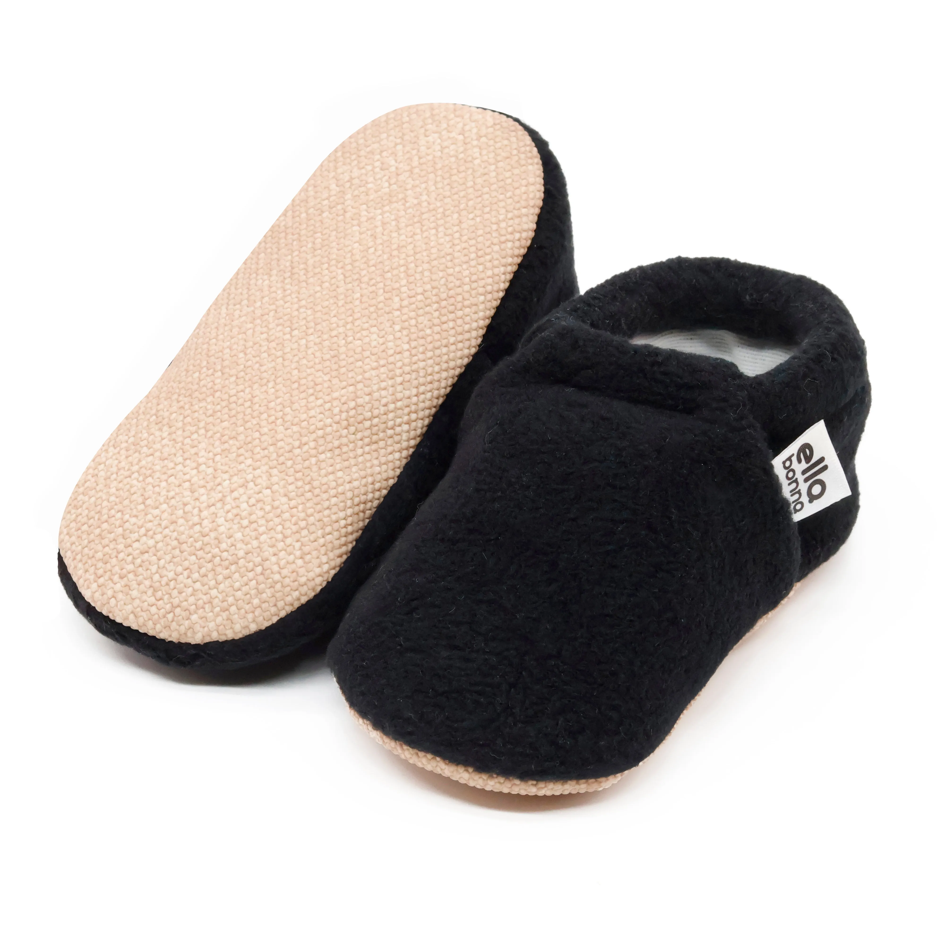 Fleece Baby House Booties, Non-Slip Sole, Organic Cotton Lining, Black