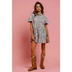 Floral Print Washed Lightweight Tiered Shirt Dress