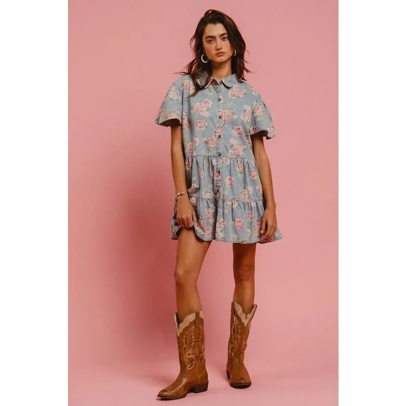 Floral Print Washed Lightweight Tiered Shirt Dress