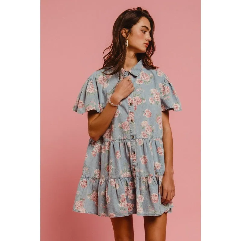 Floral Print Washed Lightweight Tiered Shirt Dress