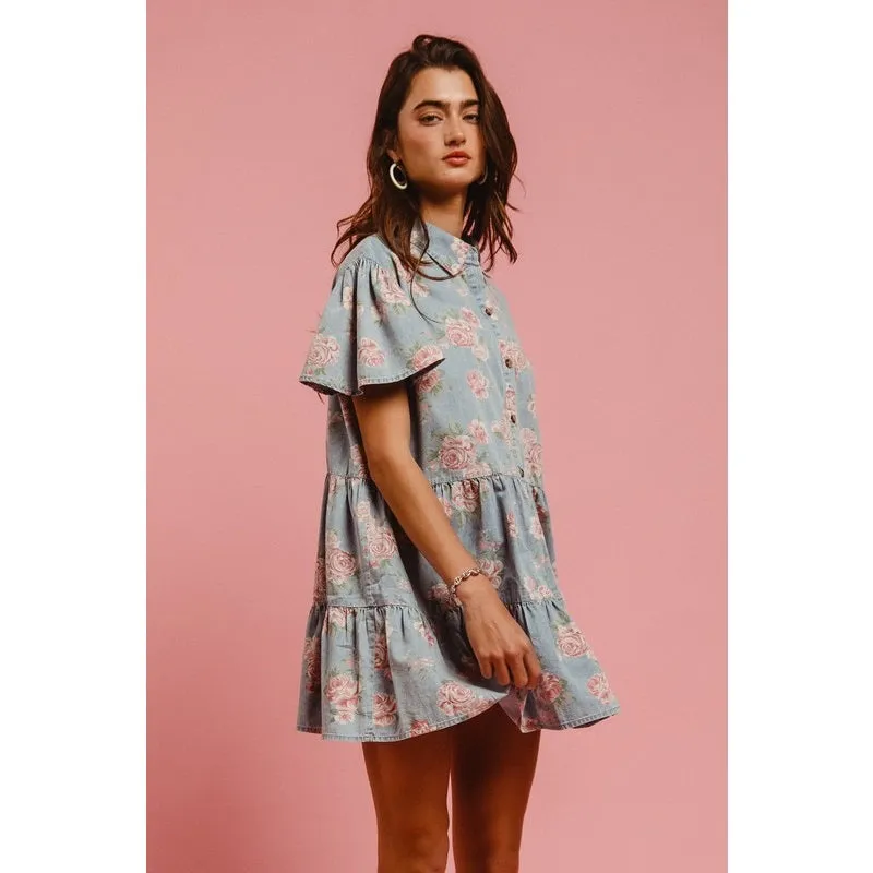 Floral Print Washed Lightweight Tiered Shirt Dress