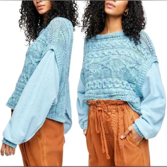 Free People Honey Knit Siren Blue Combo Oversized Baggy Sweater Colorful Hippie