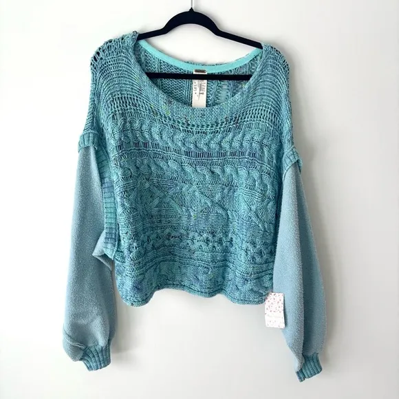 Free People Honey Knit Siren Blue Combo Oversized Baggy Sweater Colorful Hippie