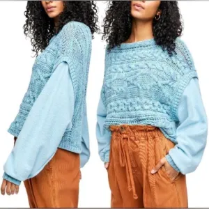 Free People Honey Knit Siren Blue Combo Oversized Baggy Sweater Colorful Hippie