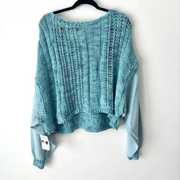 Free People Honey Knit Siren Blue Combo Oversized Baggy Sweater Colorful Hippie