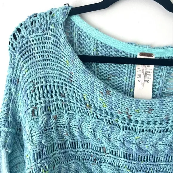 Free People Honey Knit Siren Blue Combo Oversized Baggy Sweater Colorful Hippie