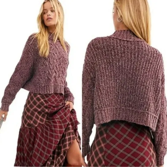 Free People Merry Go Round Cable-Knit Sweater In Very Berry Size L
