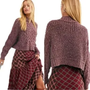 Free People Merry Go Round Cable-Knit Sweater In Very Berry Size L