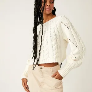 Free People Sandre pullover sweater ivory cable knit cropped size large