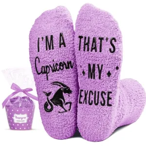 Funny Capricorn Zodiac Birthday Astrology Constellation Horoscope Gifts for Women Teen Girls, Fuzzy Fluffy Space Galaxy Capricorn Socks Teens