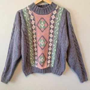 Gina Peters Vintage Fairy Kei Geometric Floral Cable Knit Sweater