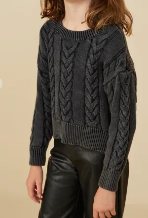 Girls Cable Knit Washed Pullover Sweater in Navy