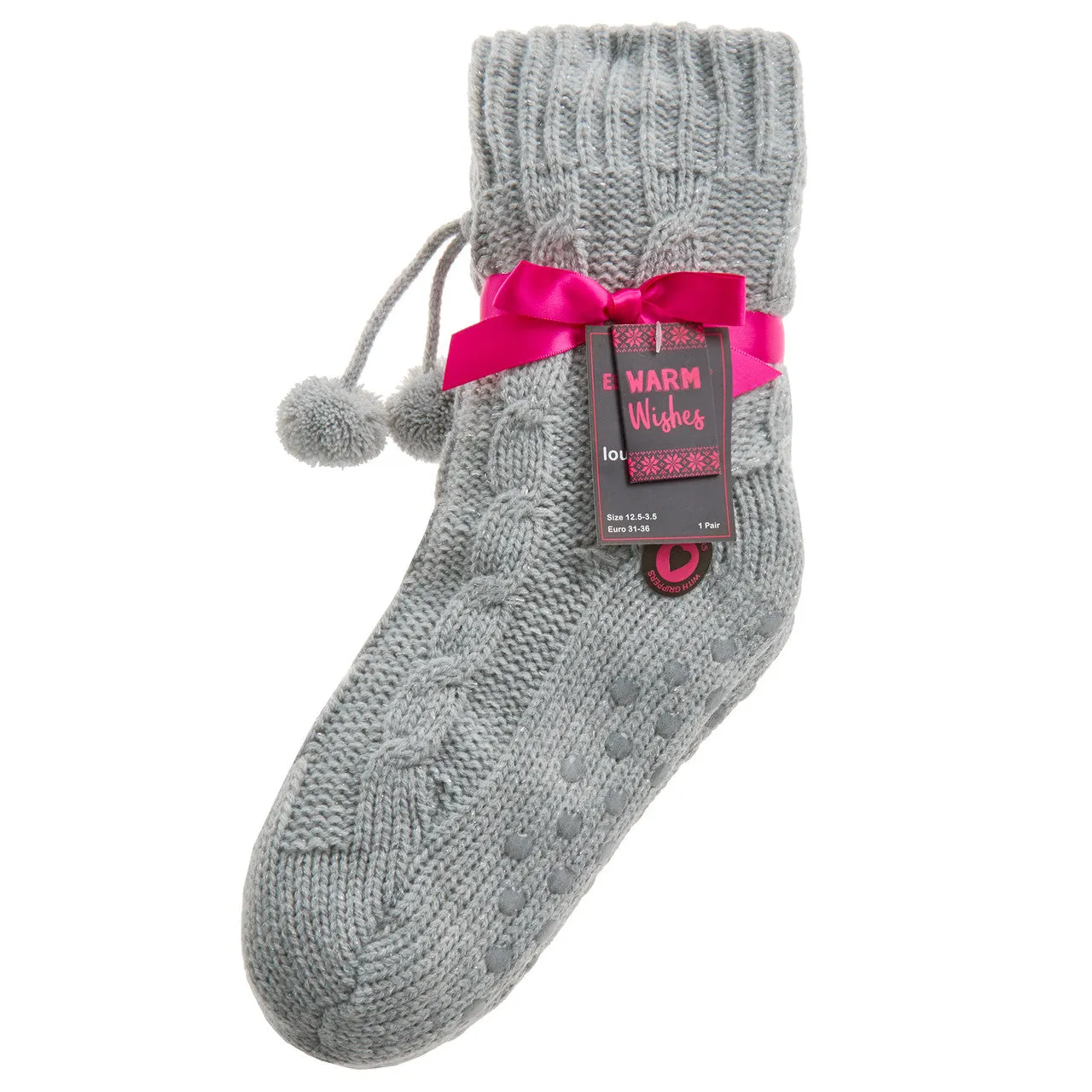 Girls Cable Lounge Chunky Knitted with Grippers Socks Grey