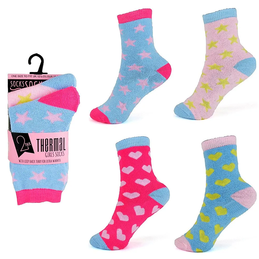 Girls Stars & Hearts Patterned Thermal Socks 4 Pack