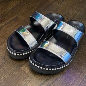 Giuseppe Zanotti Silver Metallic Two Strap Sandal with Crystal Trim