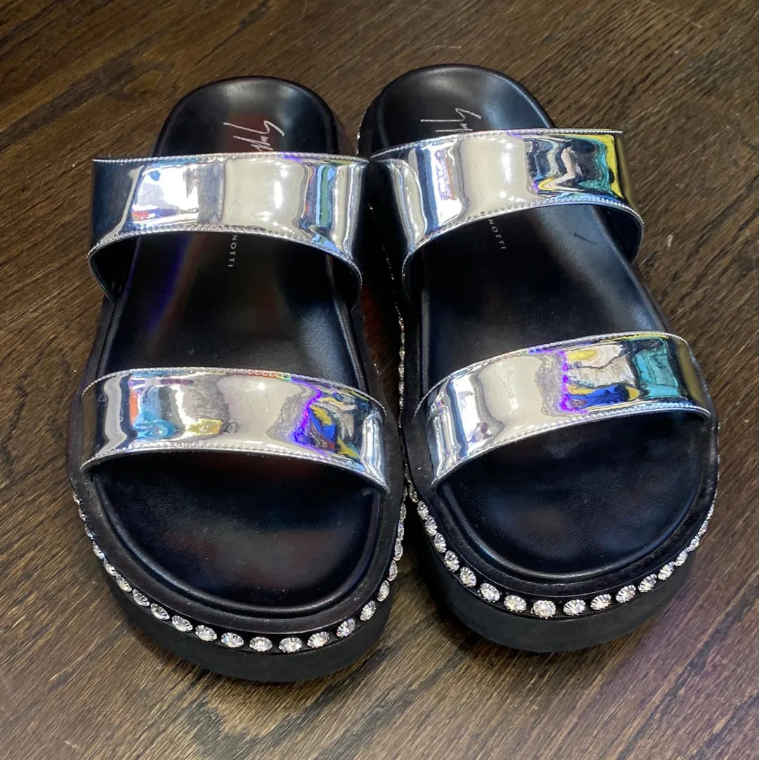Giuseppe Zanotti Silver Metallic Two Strap Sandal with Crystal Trim