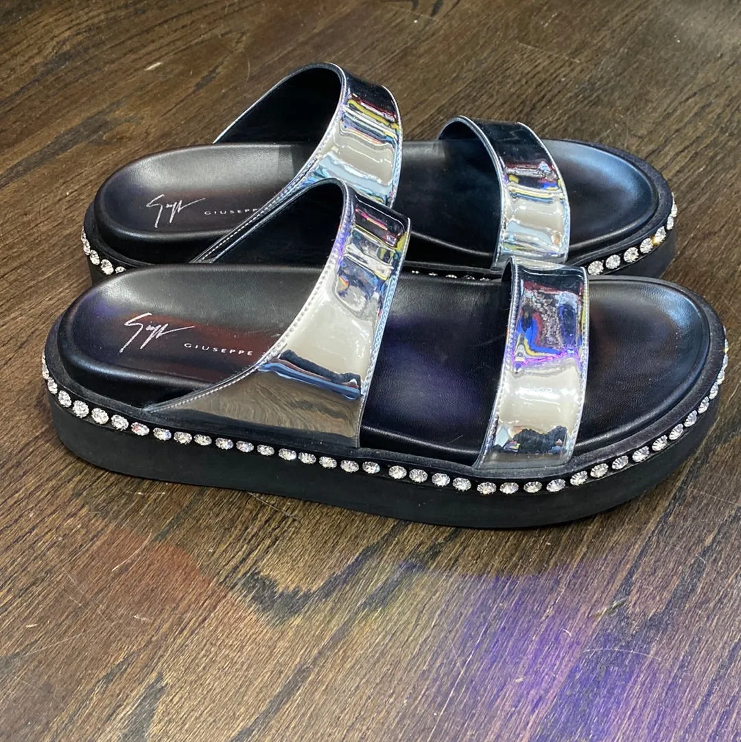 Giuseppe Zanotti Silver Metallic Two Strap Sandal with Crystal Trim