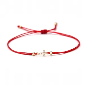 Gold Tiny Cross Charm Red String Protection Bracelet