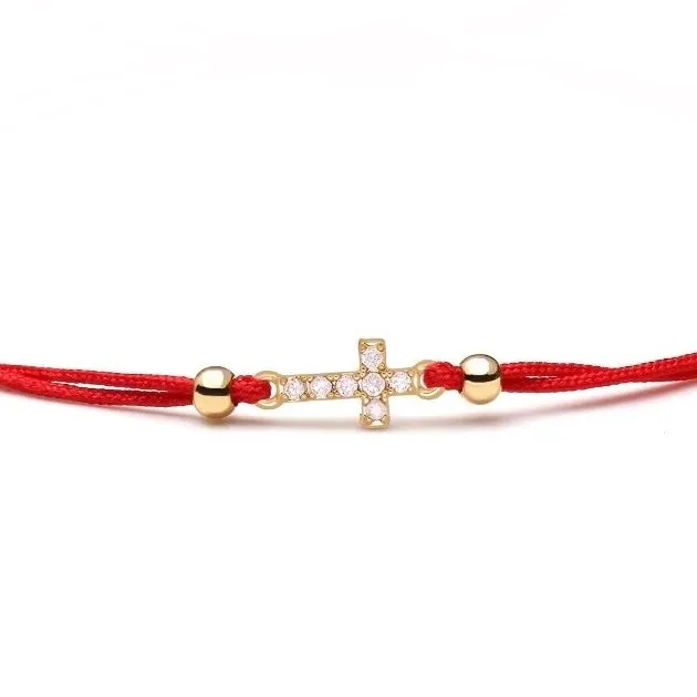 Gold Tiny Cross Charm Red String Protection Bracelet