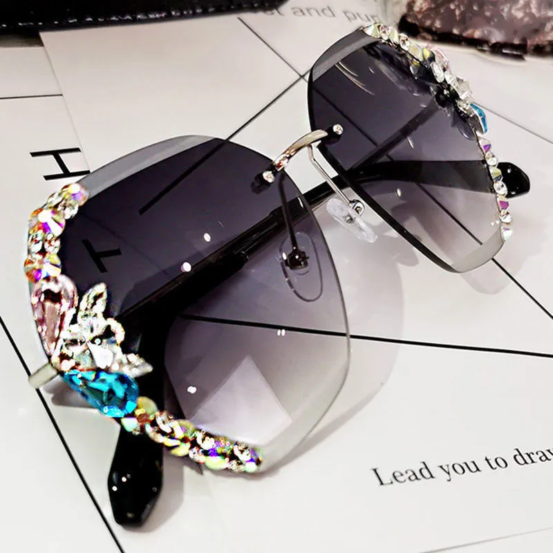 Gradient Color Studded Rimless Sunglasses