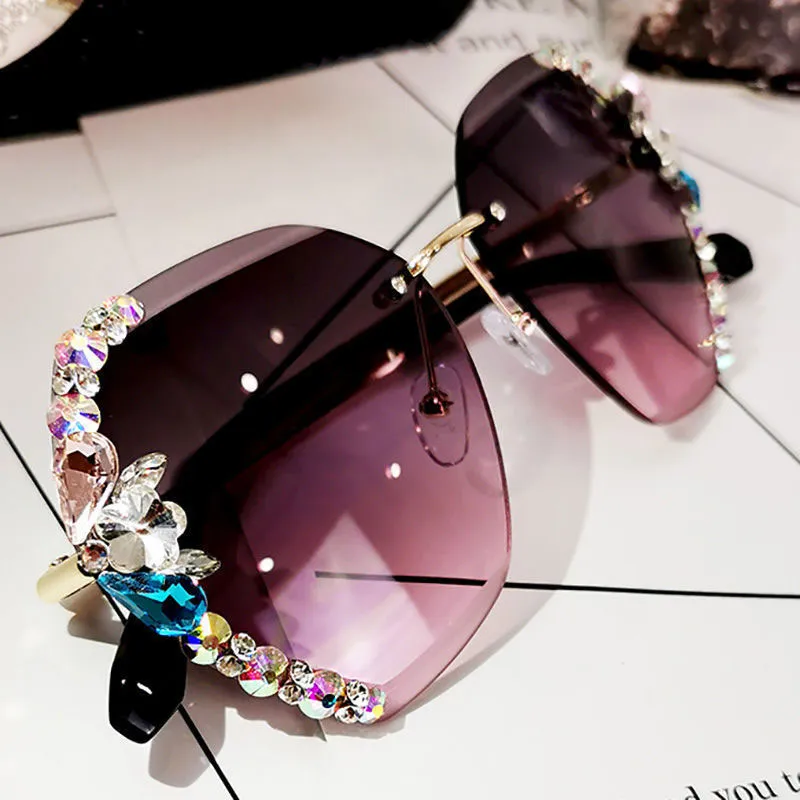 Gradient Color Studded Rimless Sunglasses