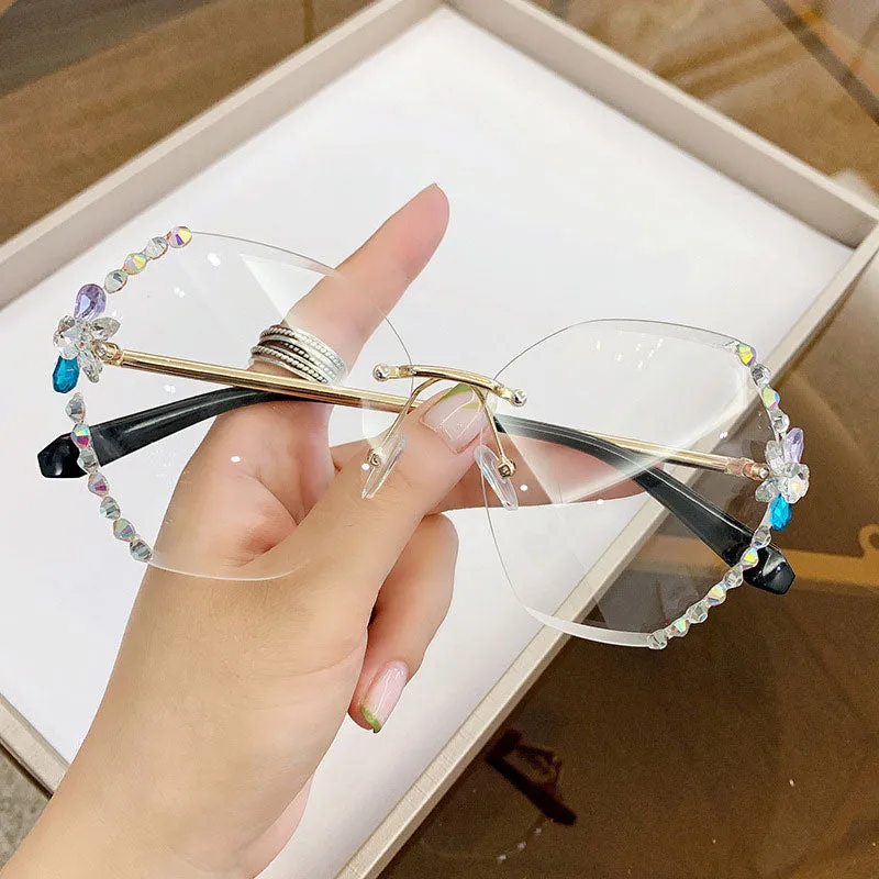 Gradient Color Studded Rimless Sunglasses