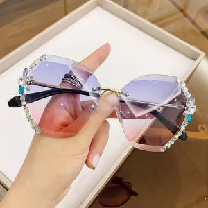 Gradient Color Studded Rimless Sunglasses