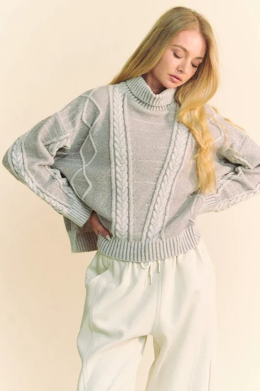 Gray Cable-Knit Turtleneck Sweater