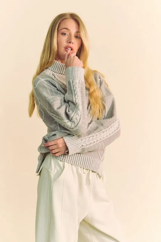 Gray Cable-Knit Turtleneck Sweater