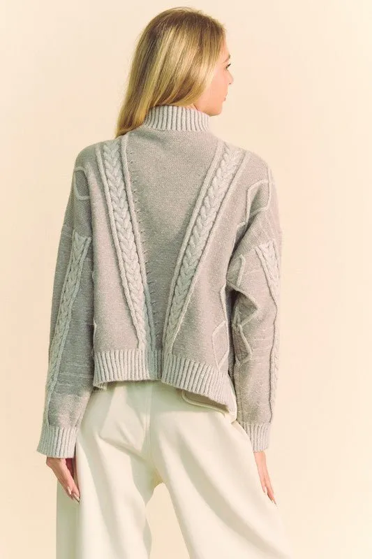 Gray Cable-Knit Turtleneck Sweater