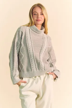 Gray Cable-Knit Turtleneck Sweater