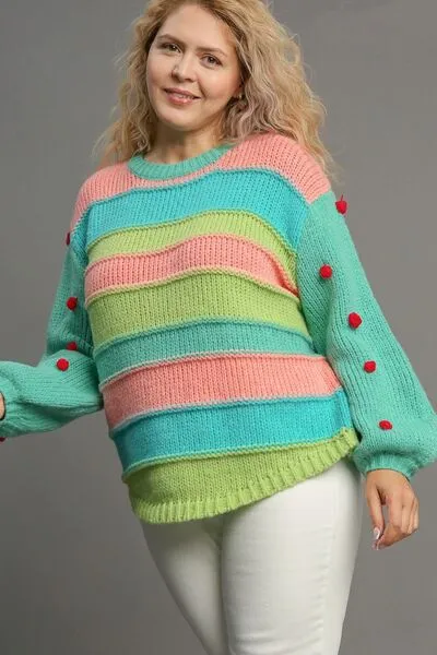Green Color Block Cable Knit Sweater with Pom Pom
