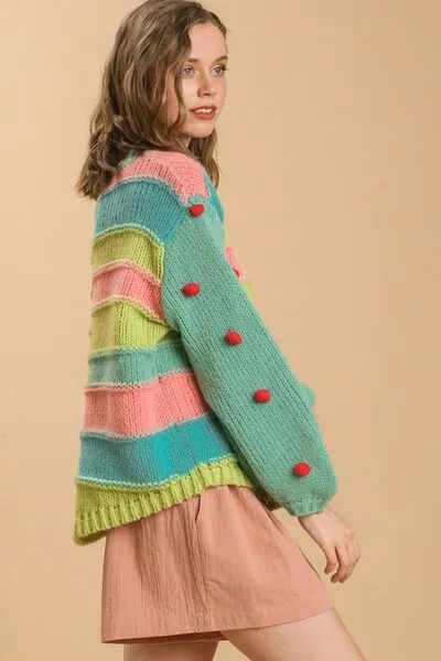 Green Color Block Cable Knit Sweater with Pom Pom