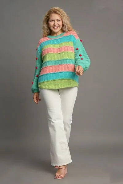 Green Color Block Cable Knit Sweater with Pom Pom