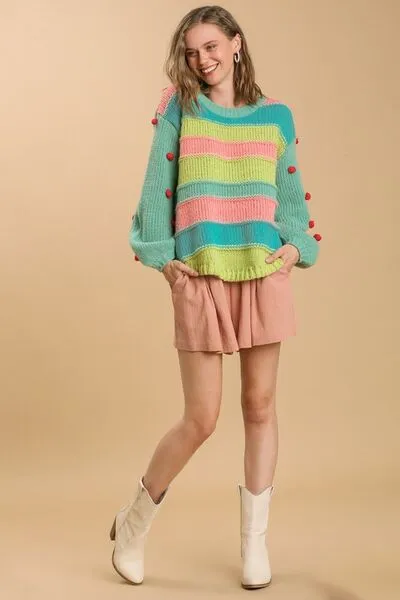 Green Color Block Cable Knit Sweater with Pom Pom