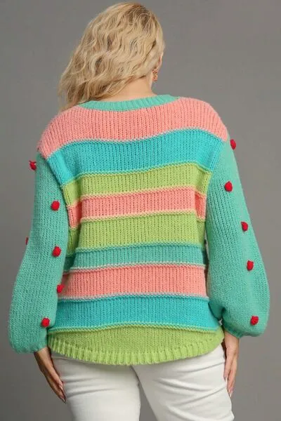 Green Color Block Cable Knit Sweater with Pom Pom
