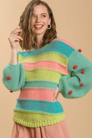 Green Color Block Cable Knit Sweater with Pom Pom
