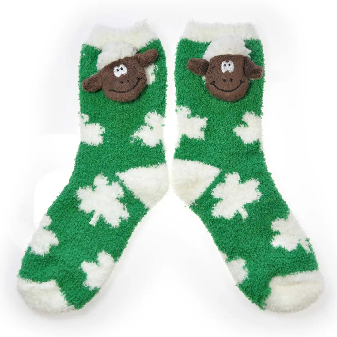 Green Fleece Socks With White Polka Dots & Soft Seamus The Sheep Head