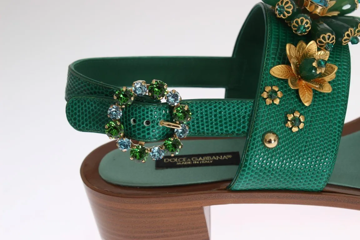Green Leather Crystal Sandal Shoes