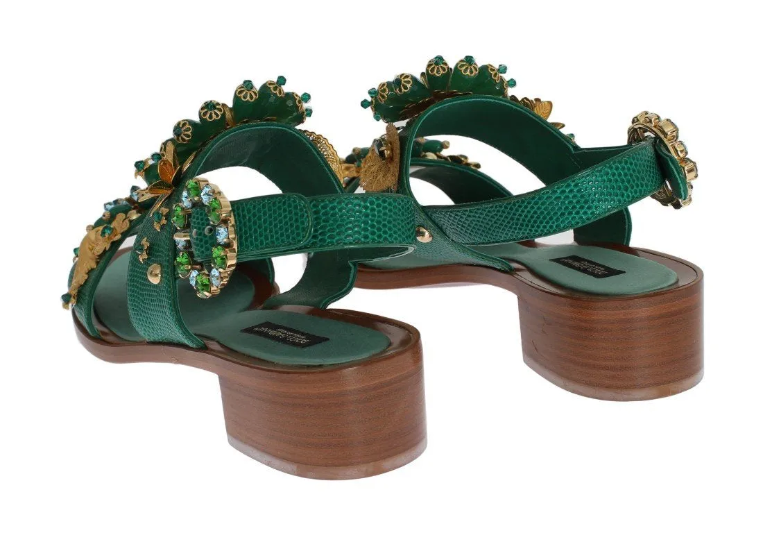 Green Leather Crystal Sandal Shoes