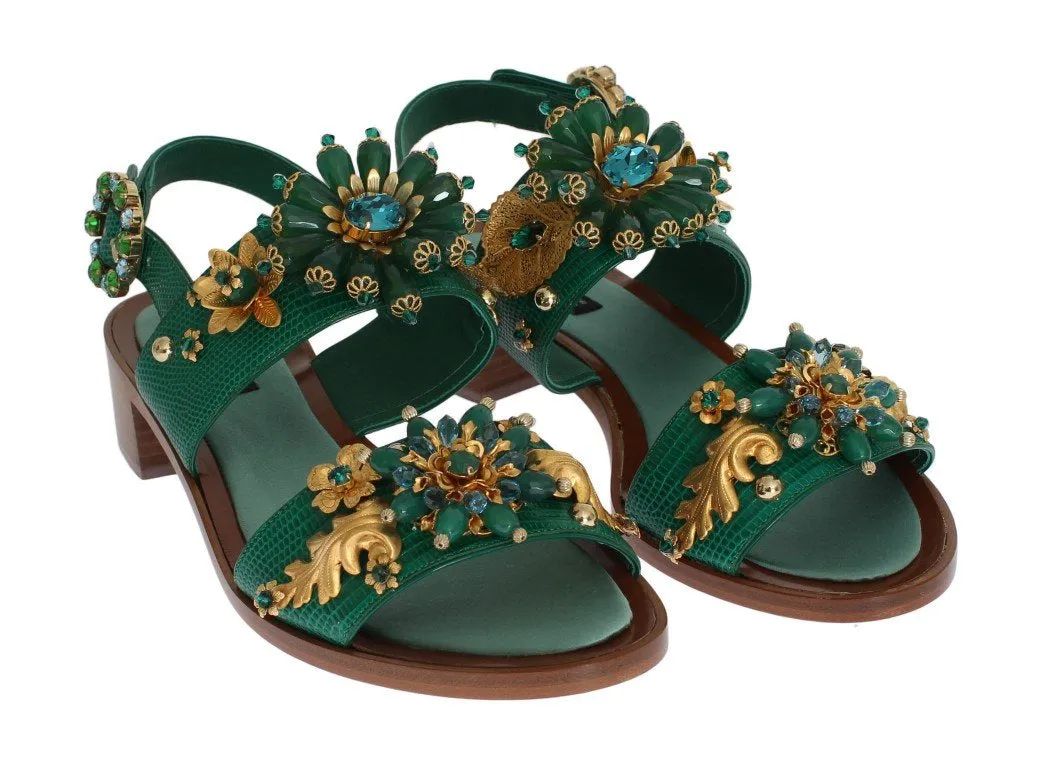 Green Leather Crystal Sandal Shoes